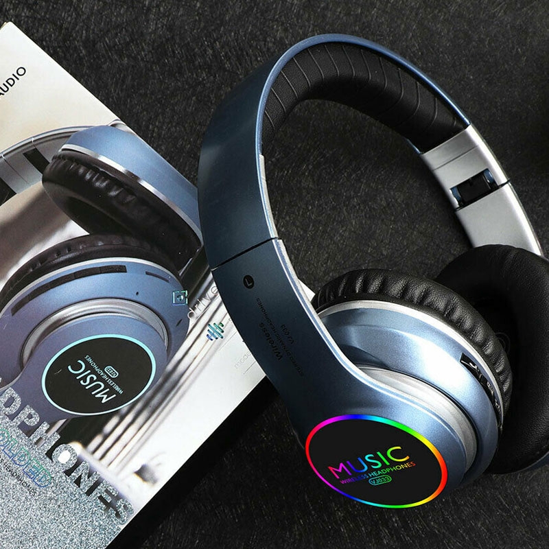 Ασύρματα & Ενσύρματα On-ear Bluetooth LED Ακουστικά - Super Bass Foldable Wireless Headphones Μαύρο